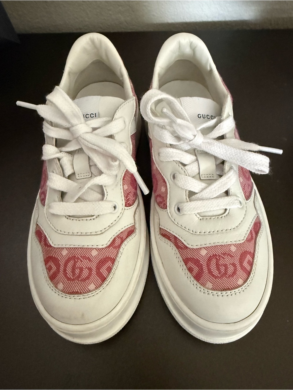 Gucci White Leather Sneakers with Pink GG Canvas Accents